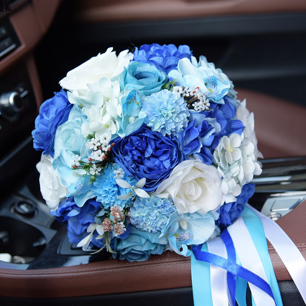 Beste Bruid boeket Kunstbloemen Royal Blue met witte Roos Bruiloft Bruidsboeket