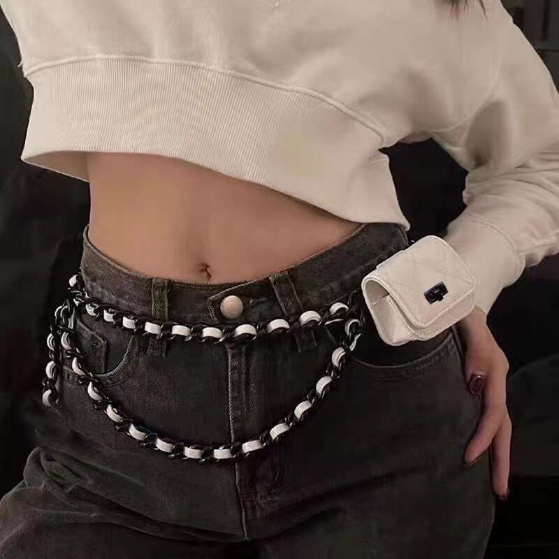Riñonera de cuero con cadenas pequeñas para mujer, bolso de lujo con solapa, de , con cadena, a cuadros,