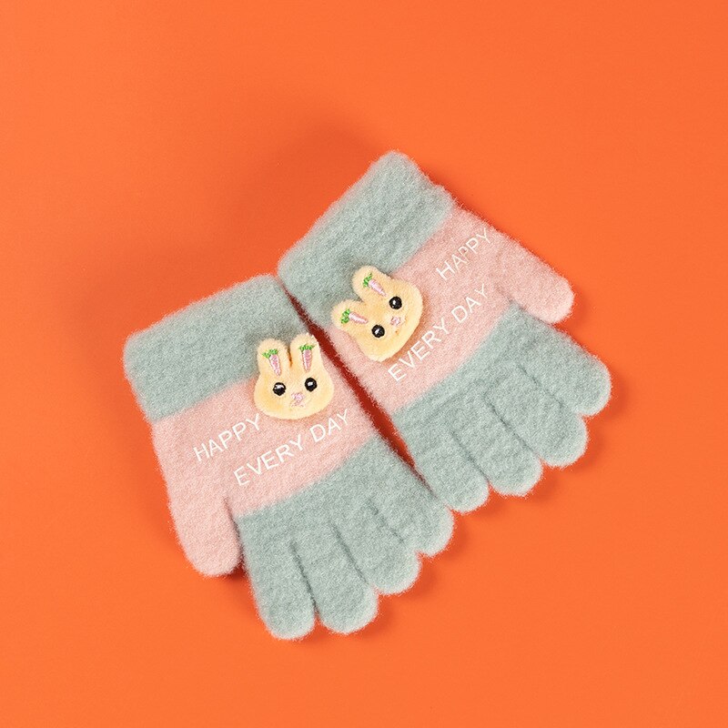 Wecute 12*6Cm Kind Winter Warm Handschoenen Voor Jongens Meisjes Kleuterschool Vijf-Vinger Handschoenen Gebreide Jacquard Leuke cartoon Zachte Kawai: green