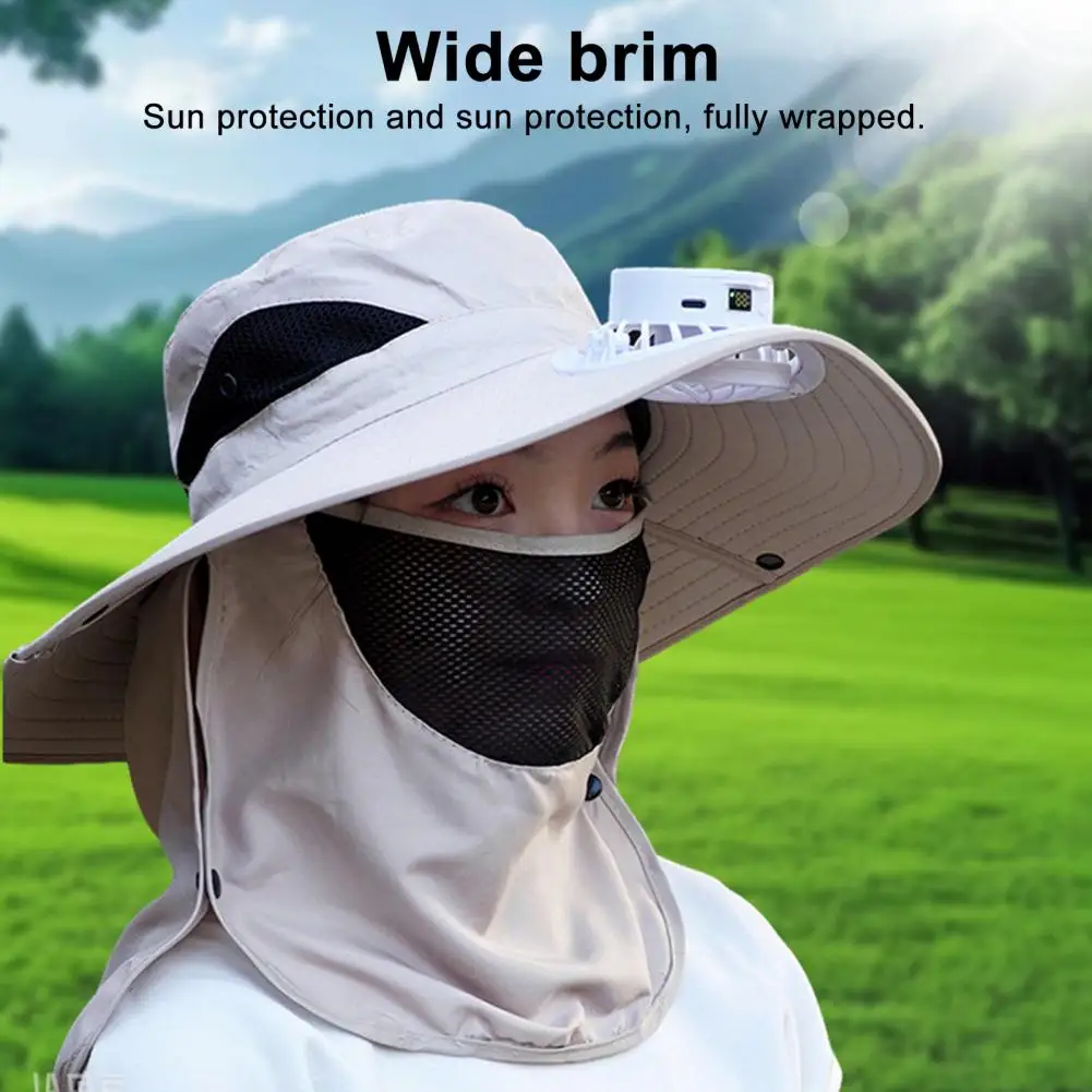 Sombrero con ventilador Solar con protector facial, solapa para el cuello, sombrero con protección UV, recargable por USB, para hombre, verano, pesca al aire libre, gorra de cubo de ala ancha