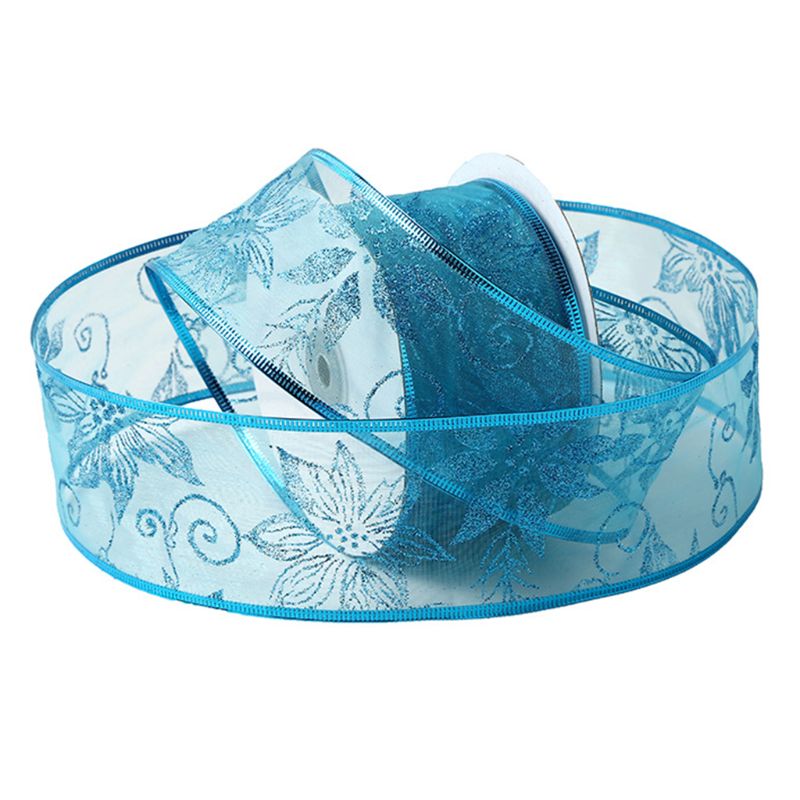 Rollo de 50 yardas de cinta de Navidad transparente con purpurina y flores para decoración del banquete de boda: Azul