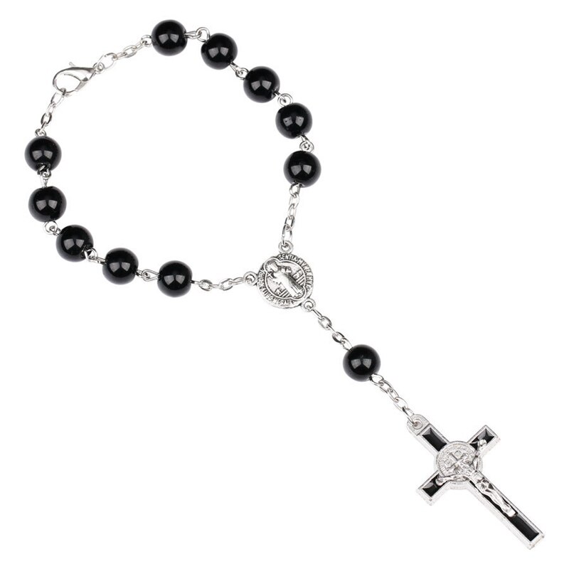 Pulsera de esmalte con cruz de Jesús para hombres, brazalete de cuentas negras con conectores de San Benito, para de Navidad