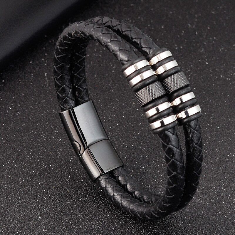 Multilayer rostfritt stål tillbehör hip hop rock stil svart färg herr läder armband år