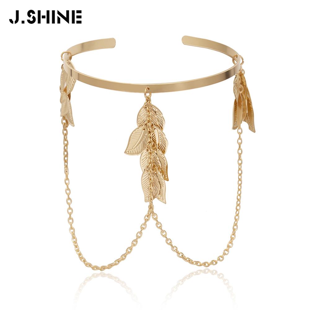 J.Shine Bohemian Leaves Upper Arm Cuff Alloy Chain Charms Bracelets Bangles on Women&#39;s Arm Bracelet Jewelry Accessories