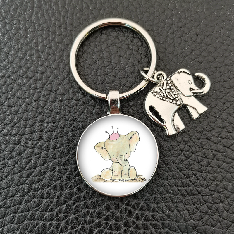 , llavero redondo convexo de cristal con de elefante y elefante bebé hecho a mano, llavero de coche, accesorios de boutique