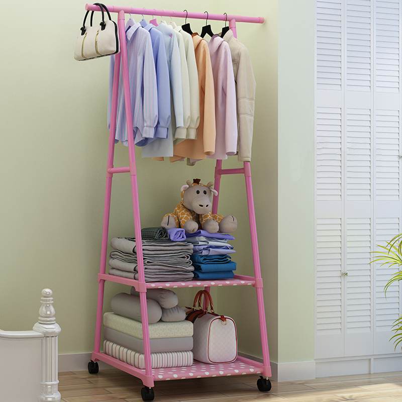 Farverigt tøjstativ gulvstående tøj hængende opbevaringshylde tøjbøjler med hjul enkel stil soveværelse møbler: Lyserød
