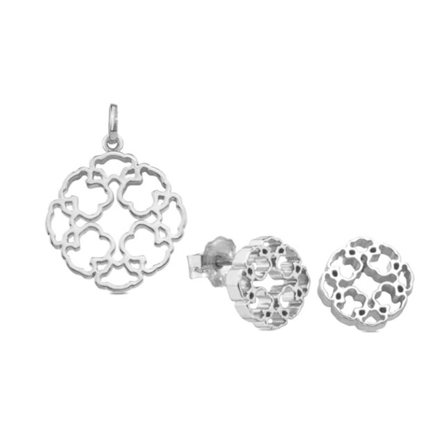 Moda ouro cor de aço inoxidável urso pingente colar brincos conjuntos urso redondo charme colar corrente jóias para presentes femininos: silver