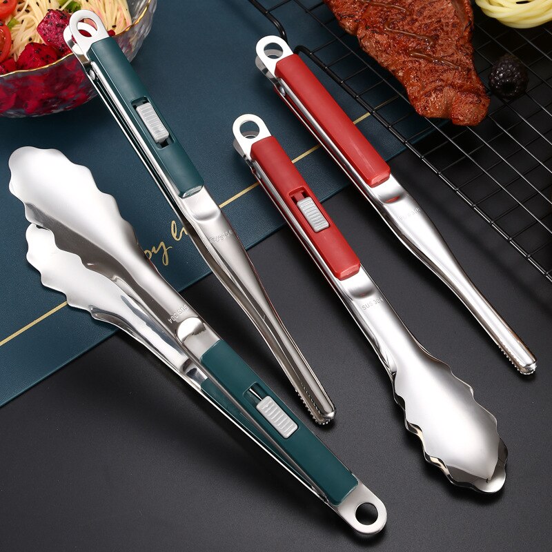 Sliding Button Food Barbecue Grill Tongs Stainless Steel Bread Buffet Clip Non-Stick Clamp Home Kitchen Cooking Accessories