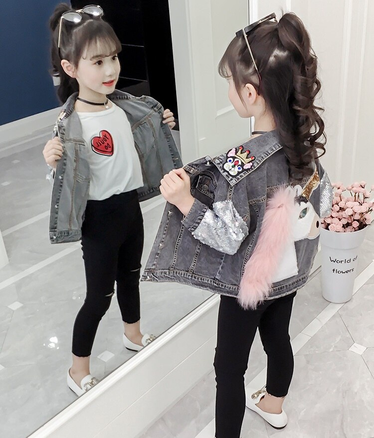 Eenhoorn Meisjes Jassen Sequin Cowboy Stijl Tieners Bovenkleding Borduurwerk Mode Meisjes Jas Kinderkleding Kids Jean Jas