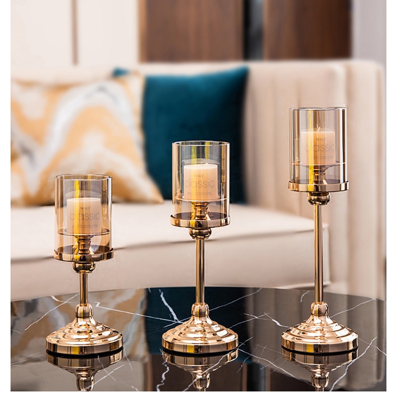 Nordic Metal Gold Tealight Candle Holders For Wedding Decorations With Glass Cover Windproof Candle Holder