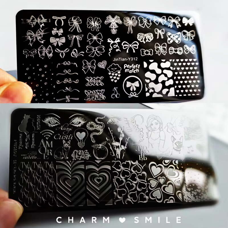 Placas de estampado de uñas con personajes de dibujos animados, amor, Día de San Valentín, estampado de hojas de flores, arco, corazón, plantillas de sellos para uñas, herramientas de decoración de uñas