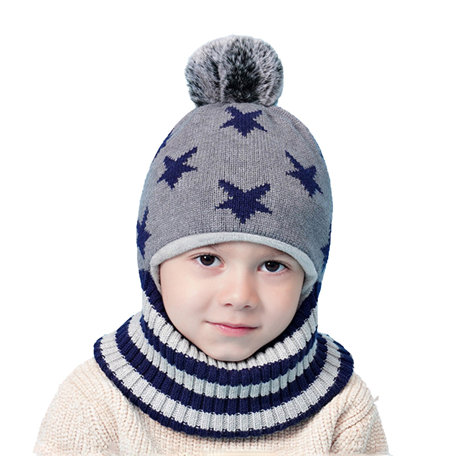 Criança criança criança malha capuz chapéus dos desenhos animados cinco estrelas forro de lã cachecol earflap crânio capa de uma peça tampas de inverno quente do bebê menino: Cinza