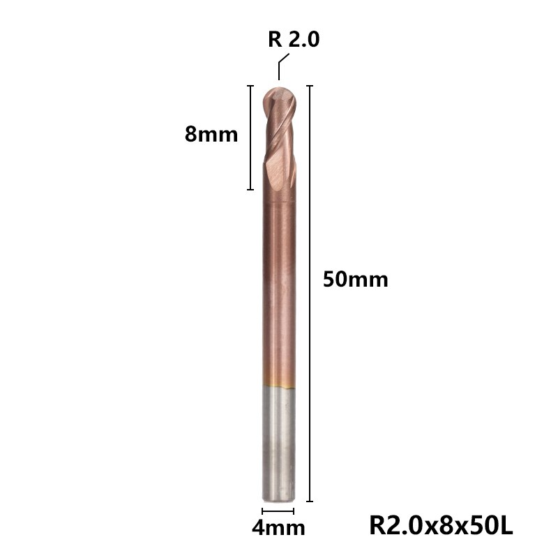 2 Flute End Mill CNC Ball Nose End Mill HRC 50 Router Bits TiCN Coating R0.5-6.0 Tungsten Carbide Engraving Milling Cutter: R2.0xD4x50L