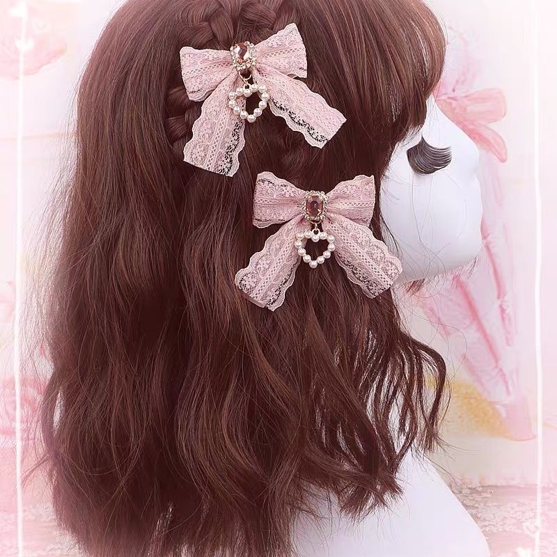 【1 par】Pinzas para el cabello Lolita, accesorios para el cabello de encaje, accesorios de perlas, artículo para niñas, accesorios Y2K, lazos para el cabello, pasador para el cabello para niña, cosa bonita: Rosa