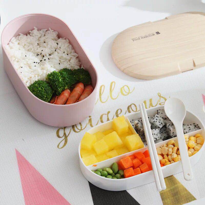 Draagbare lunchbox voor gezondheidsmateriaal, 800ml houten ovale dubbele lunchboxen, magnetronbestendig, voedselbewaarbakje, lunchbox