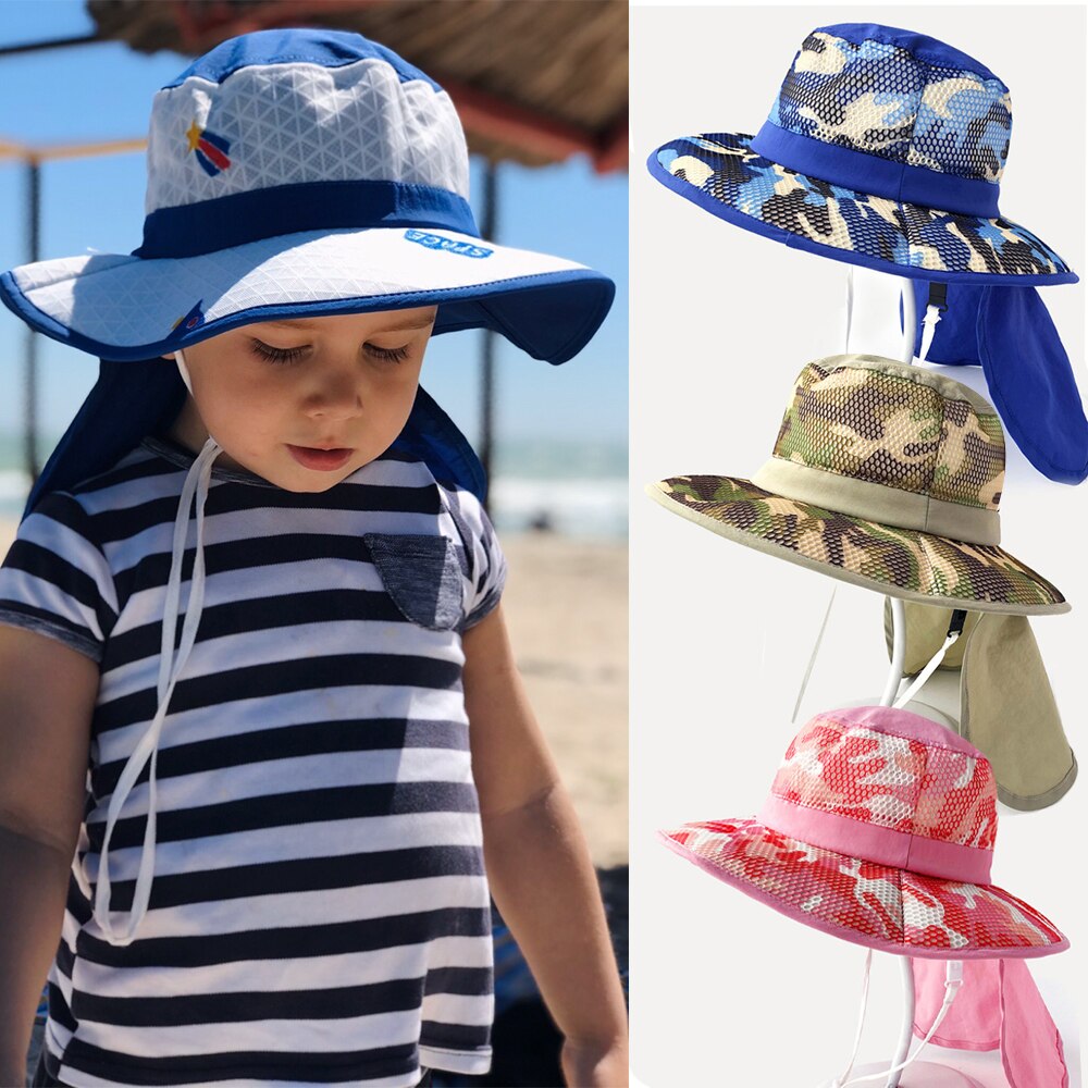 Uv-skydd bebis sommar safari solhatt pojkar keps barn panama unisex strand bebis flicka hink hatt tecknad halsklaff keps för barn