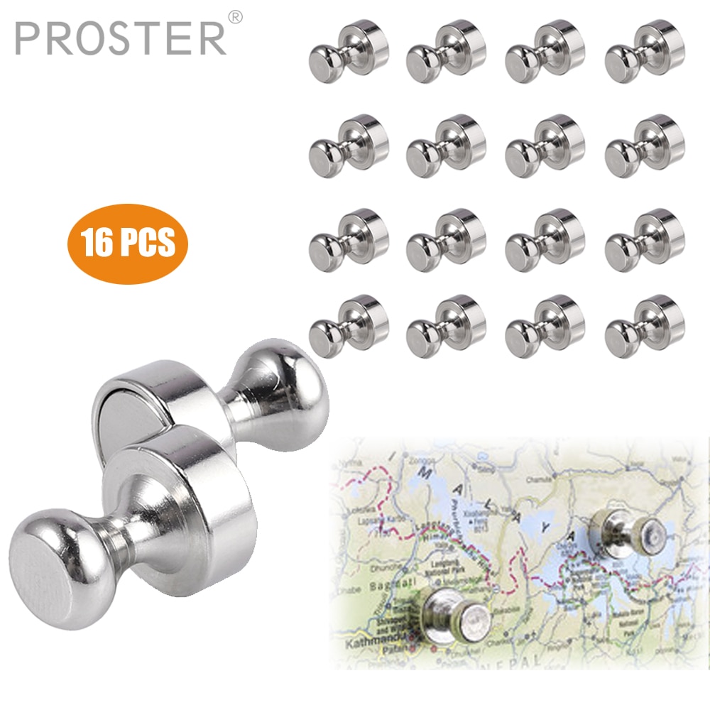 PROSTER 16Pcs Push Pins Whiteboard Magnets Brushed Nickel Push Pin Strong Magnets Pin Magnet Refrigerator Map Calendar Push Pin