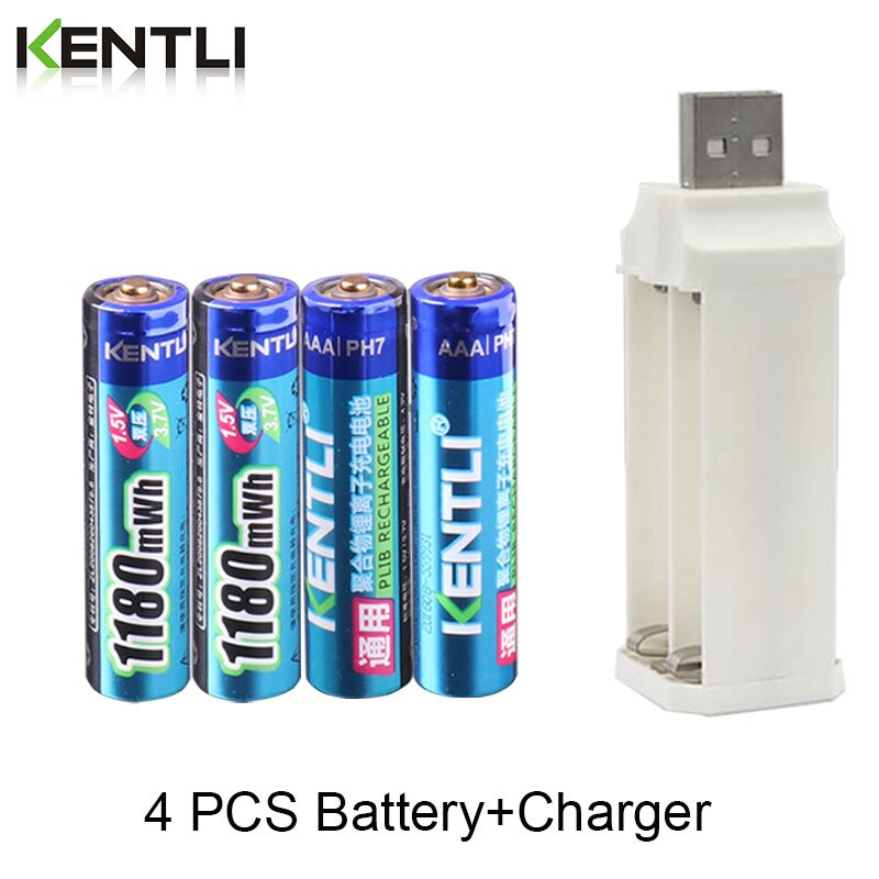Batería recargable de iones de litio de polímero aaa KENTLI, 1,5 v, 1180mWh, 4 ranuras, cargador de iones de litio: 4 pcs