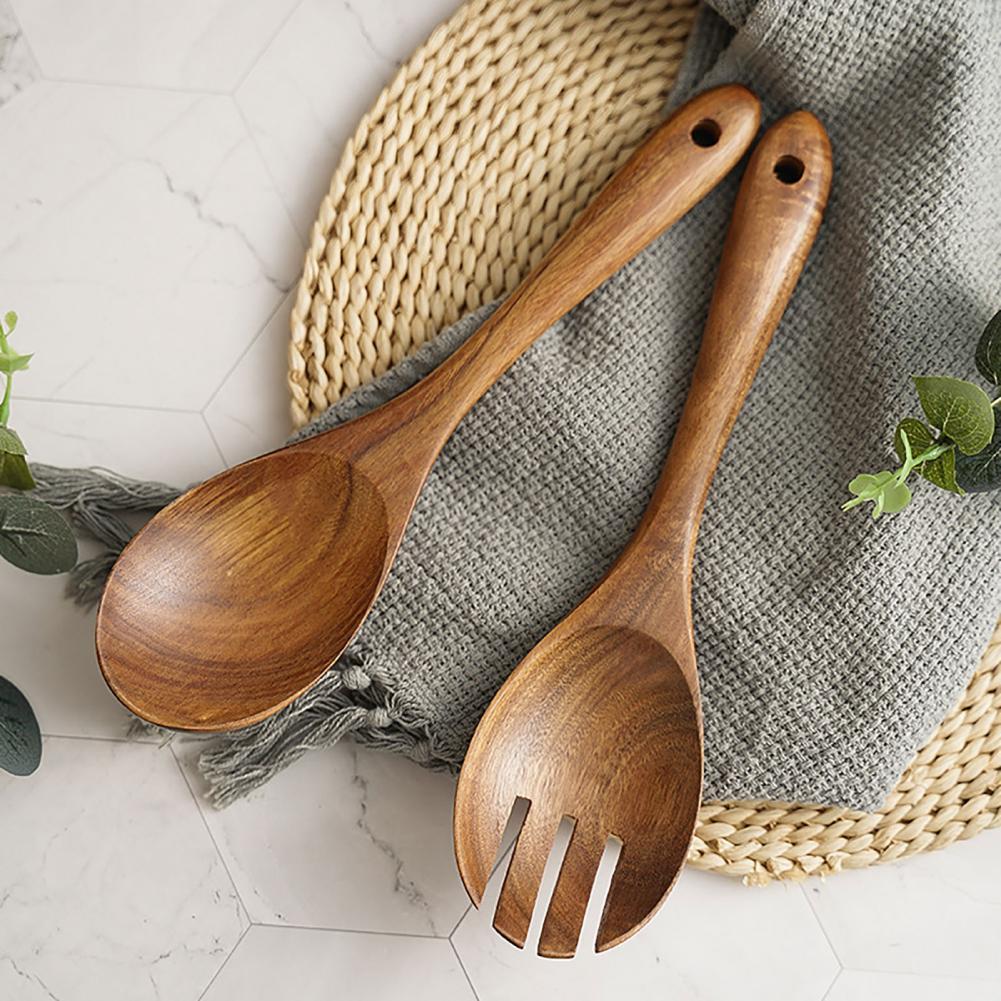 Tenedor Retro de madera reutilizable para ensalada, Sushi, cuchara para Pasta, utensilio de cocina