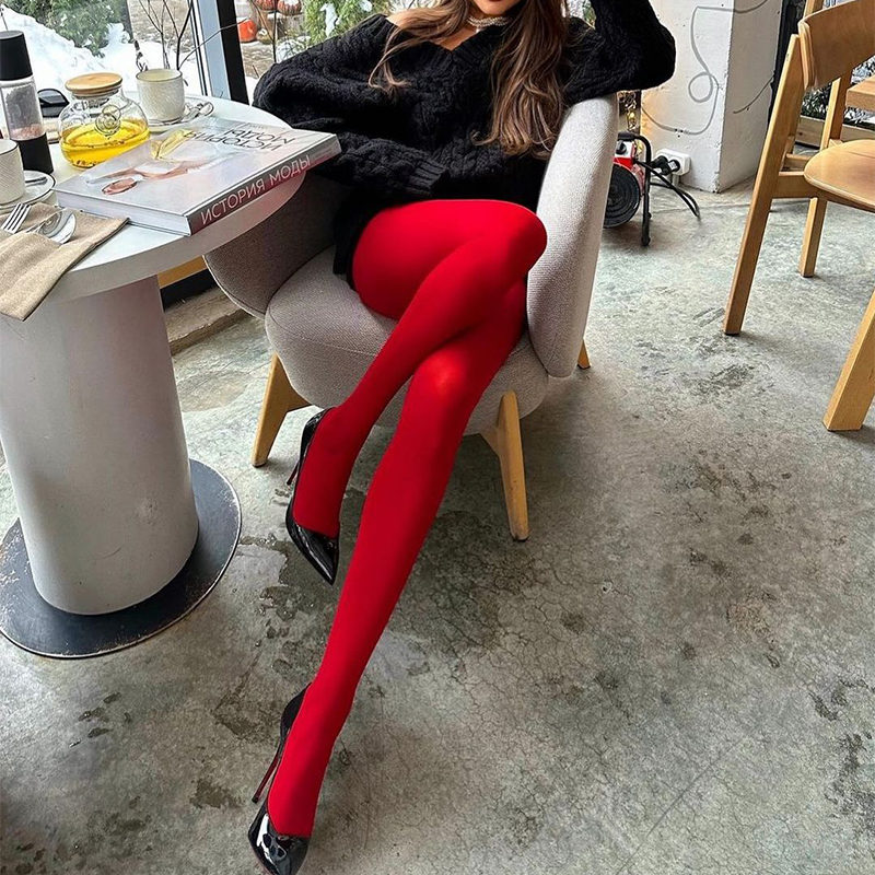 Trendix-medias rojas nuevas para mujer, pantimedias de encaje transparentes súper elásticas, medias sexis ajustadas y elegantes color Burdeos para invierno: Negro