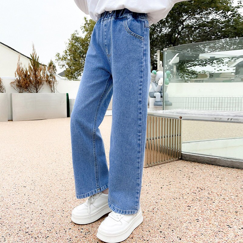 2022 Tiener Meisjes Mid-Taille Jeans Katoen Effen Kleur Koreaanse Lente Herfst Wid Been Broek Kinderkleding School Denim broek 4-14Yrs