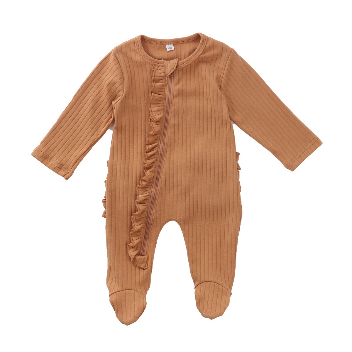 Nyfødt pyjamas med fødder spædbarn baby dreng piger solid langærmet rund hals flæse lynlås nattøj nattøj: Khaki / 6m