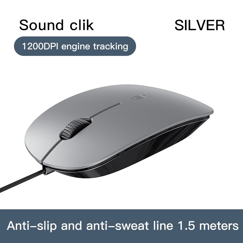 Ratón con cable USB para oficina y hogar, Mouse silencioso Simple ultrafino para ordenador de escritorio, portátil, para juegos y deporte electrónico: sound clik sliver