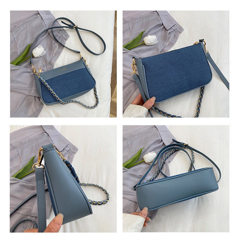 Patchwork Jean Vrouwen Tas Denim Handtas Zachte Pu Lederen Ketting Schoudertassen Panelled Twee Schouderbanden Crossbody tas