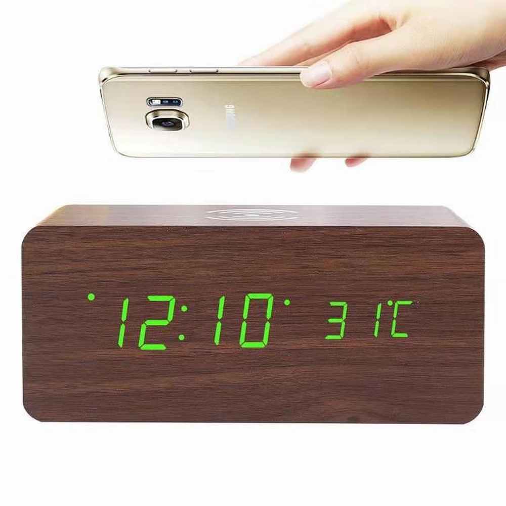 Wireless charging table clock digital alarm clock led decorative clock alarm clock table clock electronic clock with thermometer: Brown green
