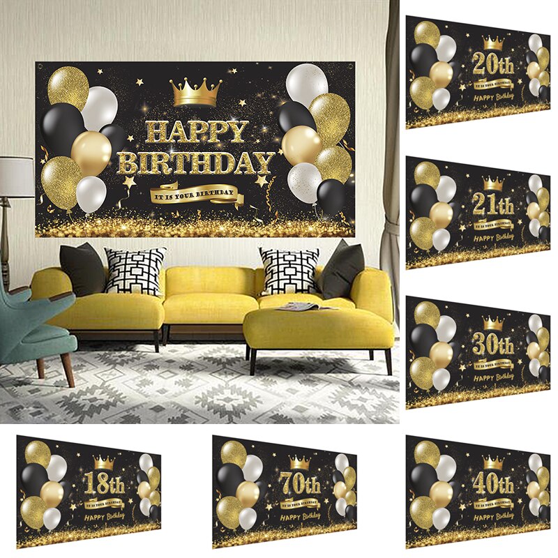 Happy Birthday Decoration Banner Large Black Gold Happy Birthday Backdrop Banner Sign Background Poster for Birthday Party Favor