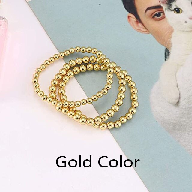 3er -einstellen 4/5/6mm strecken-armbänder mit goldenen kugeln in silberoptik, elastisches, dehnbares kordelseil, geeignet für damen