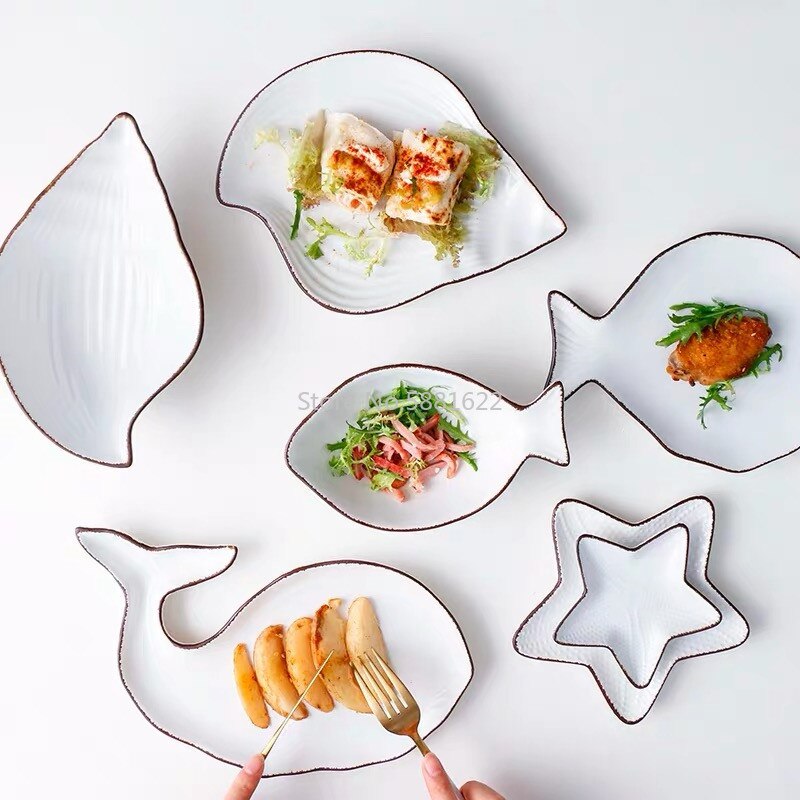 Japanse Oceaan Keramische Ontbijt Plat Servies Walvis Vis Schotel Shell Zeester Vorm Rijstkom Blauw Wit Porselein Servies