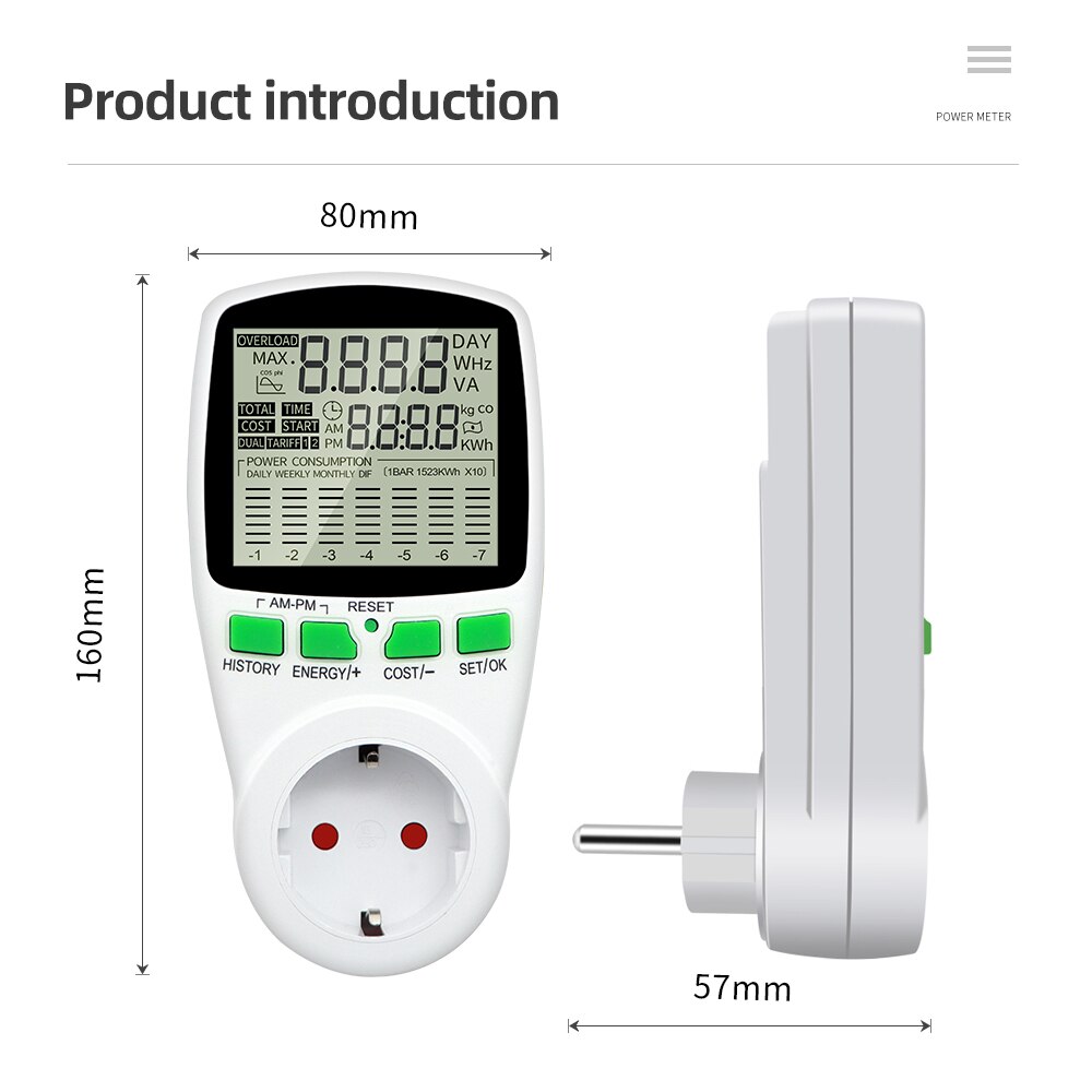 EU Plug Power Meter Digital Wattmeter Socket AC 220V Energy Meter LCD Disply Electricity Cost Diagram Measuring Socket Analyzer