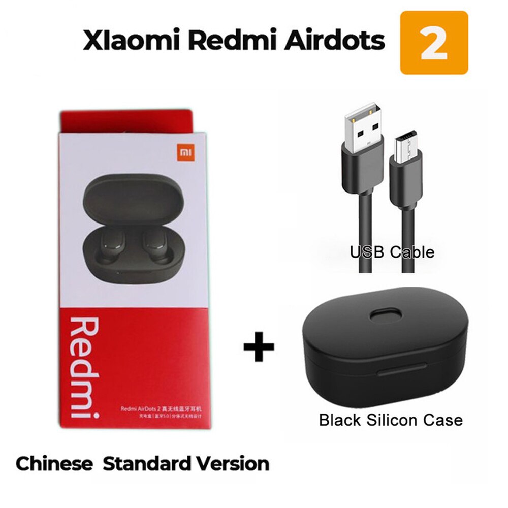 Original Xiaomi Redmi AirDots 2 auriculares Bluetooth 5,0 estéreo bajo Eeadphones Mic manos libres auriculares AI Control auriculares: Add USB black case