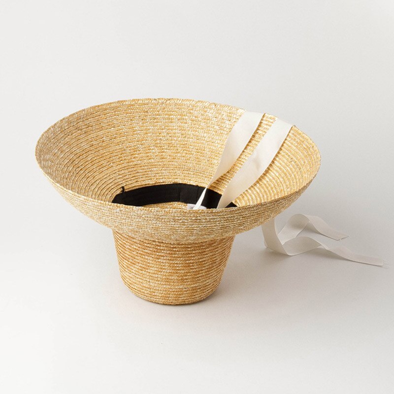 Chapeau de paille de blé pour femmes, grand chapeau souple d&#39;été avec ruban noir et blanc, cravate en dentelle, chapeau de soleil à large bord de 15cm, Protection UV, casquette de plage