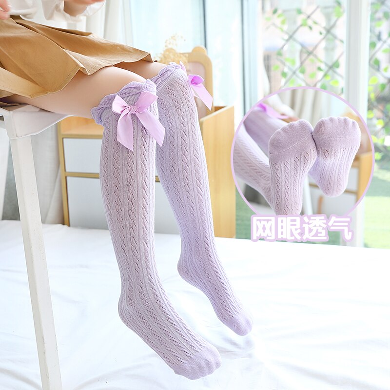 Children&#39;s summer stockings mesh over knee thin breathable cotton baby bow knot Princess socks, loose mouth high tube socks: Purple Bow long sock
