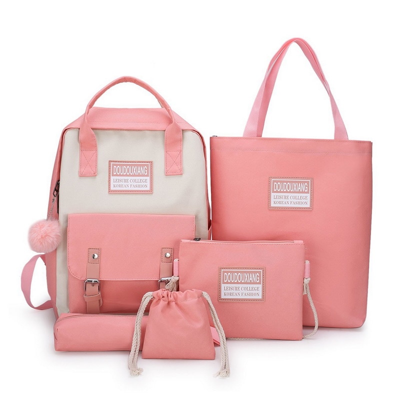 5 pçs/set mulheres mochilas escolares lona saco de escola para adolescentes meninas estudante de alta qualidade mochilas de viagem do sexo feminino sacos de livro: Pink