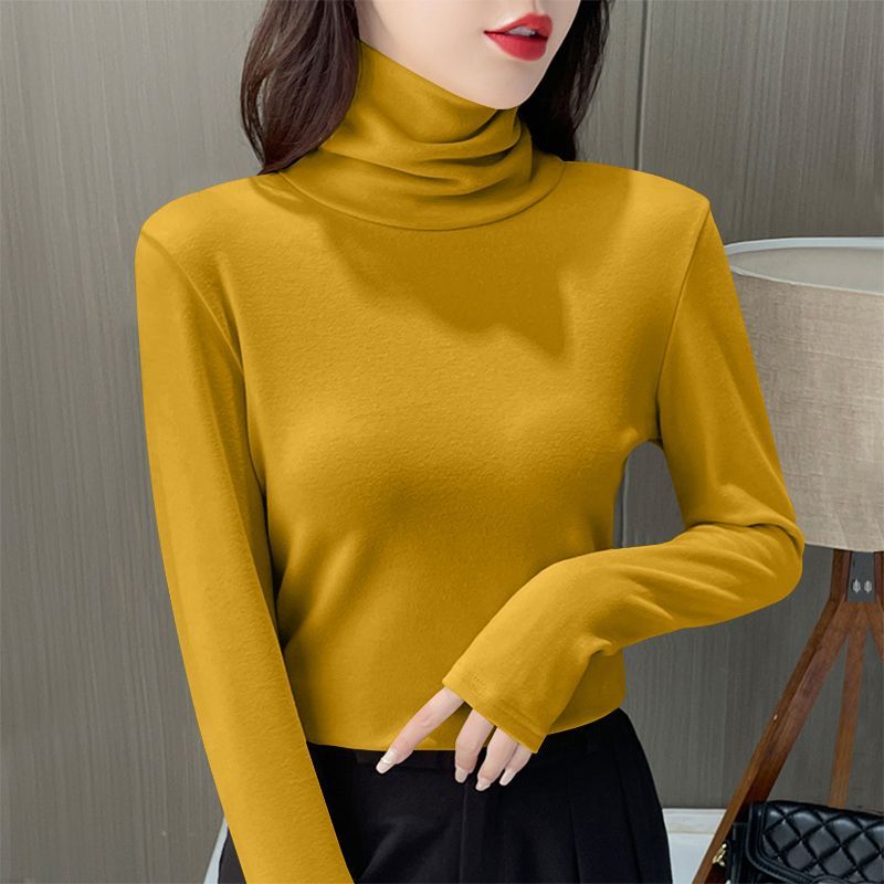 Roupa interior térmica feminina inverno engrossar gola alta camisa inferior de veludo quente topos semi gola alta pulôveres de manga longa: XXXL / MARROM