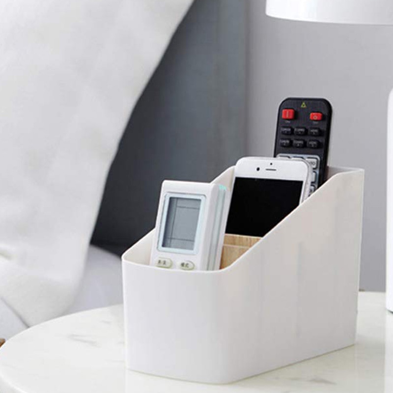 Soporte para mando a distancia de plástico y madera Caddy, desmontable, 4 compartimentos, organizador de escritorio de oficina, soporte para lápices
