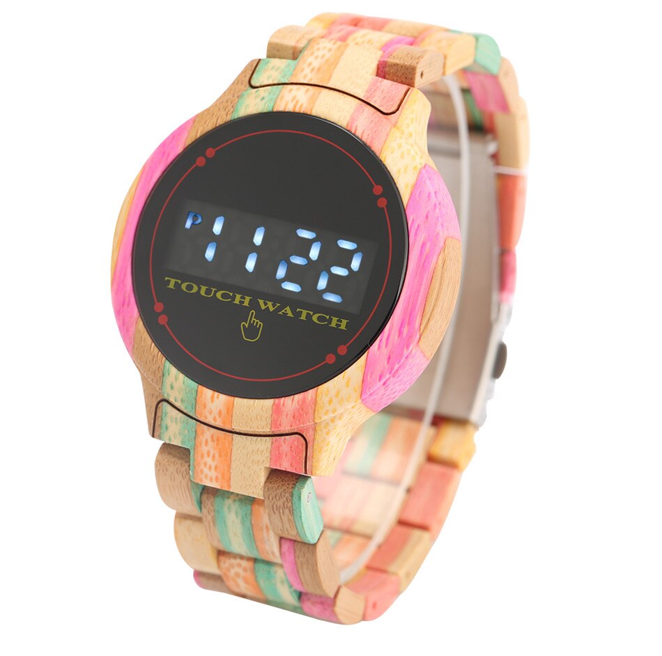 Touchscreen led elektronisch houten horloge heren digitaal houten armband polshorloge vouwsluiting sport casual herenhorloges