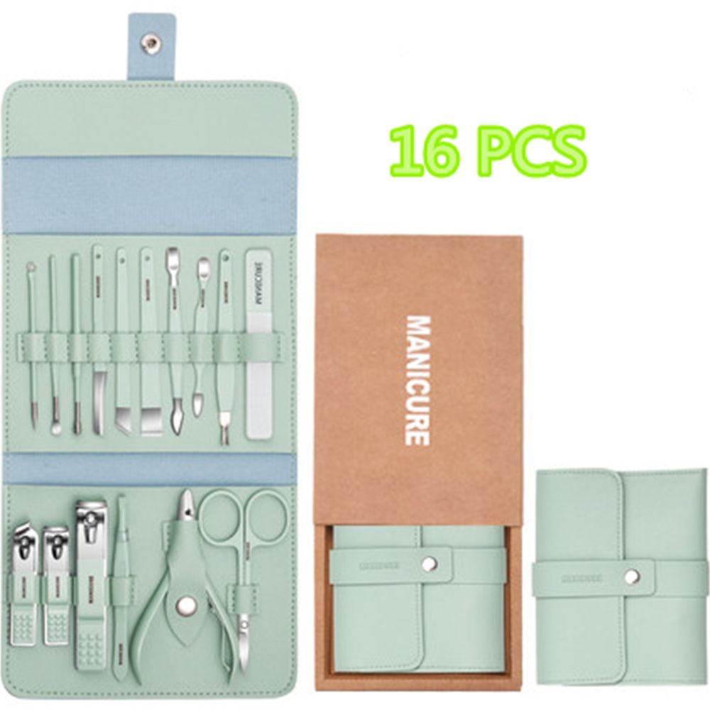 12-16pcs/set Nail Cutter Set Stainless Steel Nail Clippers Set With Folding Bag Manicure Cutter Kits Scissors Makeup Beauty Tool: 16pcs green