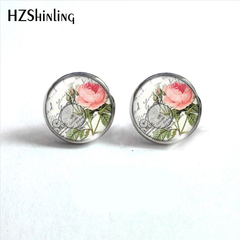 Pendientes de tuerca de vidrio de acero inoxidable para bicicleta, joyería de de oreja de cabujón de vidrio, libro de flores Vintage: Blanco / Rodio plateado
