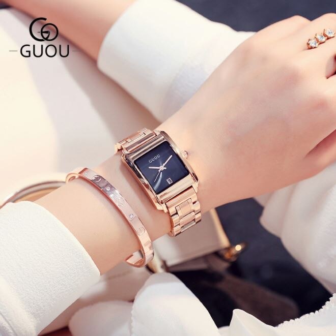 Dameur dameure guou rosa guld armbåndsur rustfrit stål auto date ur ur relogio feminino saat: Sort
