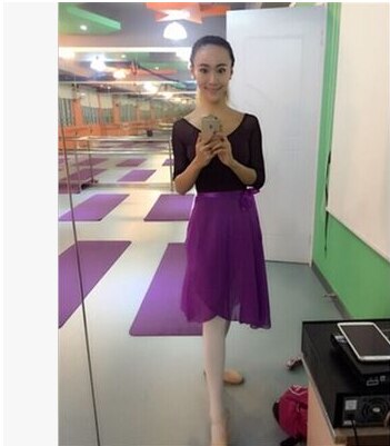 Balett tutu kjol vuxna mitten lång chiffong balett kjolar kvinnor lyrisk mjuk snörning ballett klänning ballerina dans: Lila