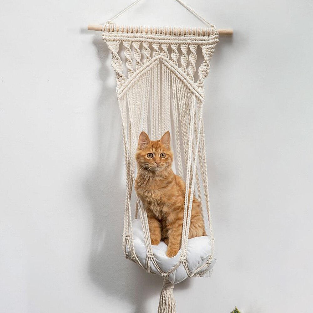 Macrame Cat Hammock,Macrame Hanging Swing Cat Dog Pet Bed with Hanging Kit for Indoor Cats Hand-Woven Hanging Basket Home Decor