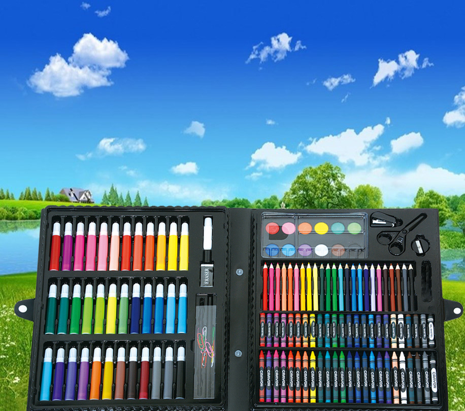 Children drawing watercolor pen, students learn painting special pen, crayon, color lead, oil painting stick