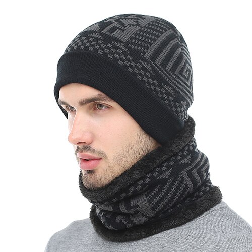 AETRUE Skullies Beanies Winter Knitted Hat Beanie Scarf Men Winter Hats For Men Women Caps Gorras Bonnet Mask Brand Hats: black set