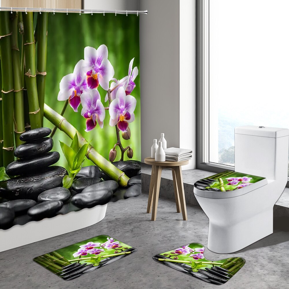 4pcs Zen Stone Shower Curtain Green Bamboo Orchid Flower Plants Anti-Slip Bath Mats Toilet Lid Cover Bathroom Decor Carpet Rugs