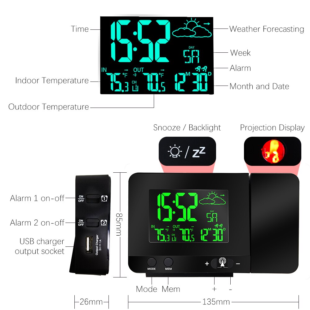 Projection Alarm Clock Projector Clock, Protmex PT3531B Alarm Clock Ceiling Projection Indoor/Outdoor Thermometer Clock