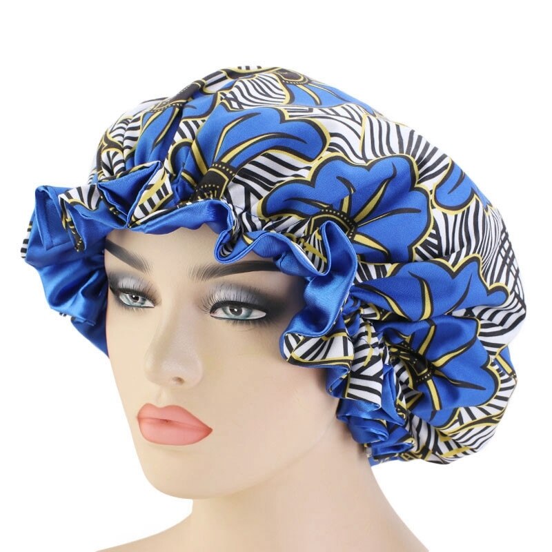 Extra grande taille cheveux casquettes modèle africain Satin Bonnet grande vague bord nuit sommeil casquette femmes fleur Turban outil de coiffure: Bleu